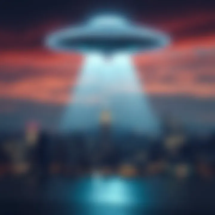 A bright UFO hovering over a city at night, illuminating the sky with lights