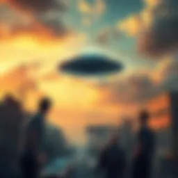 A UFO hovering in the sky over an urban area with people looking up in curiosity.