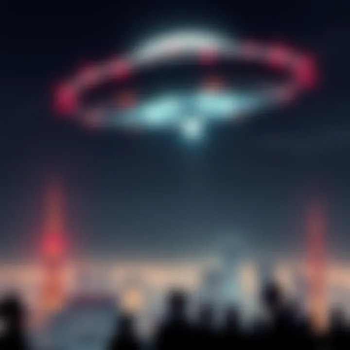 A UFO hovers above a city, illuminating the night sky with bright lights, while people look up in awe.