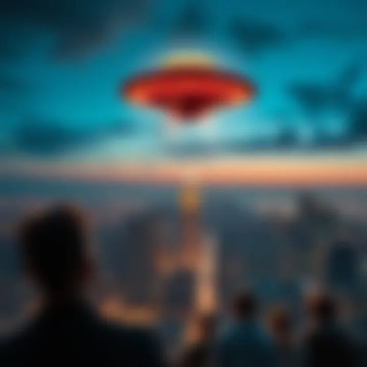 A brightly lit UFO in the night sky above a bustling city, with curious people looking up in awe.