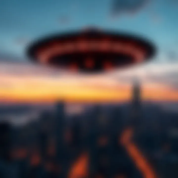 A UFO hovering over a modern city skyline at dusk, symbolizing the impact of technology on UFO disclosure.