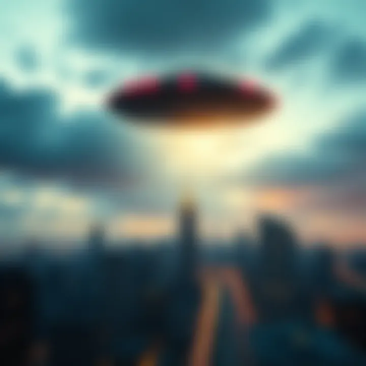 UFO over a city skyline A flying saucer hovering above a modern city, symbolizing potential UFO disclosures.