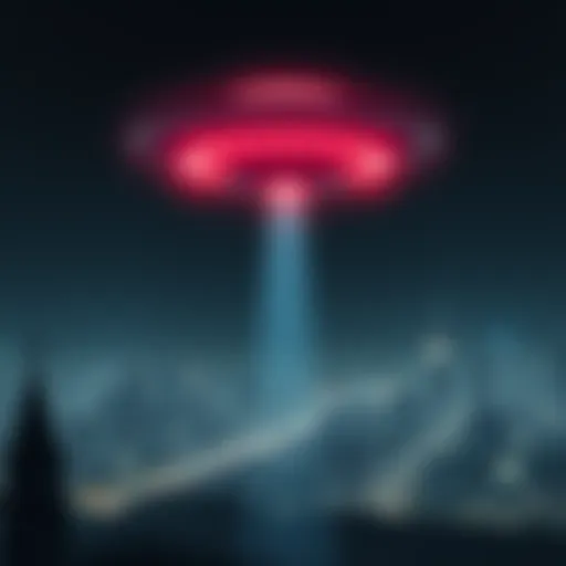 A bright UFO hovering above a city at night, casting a strange light on the buildings below, symbolizing fears of societal collapse and hidden truths.