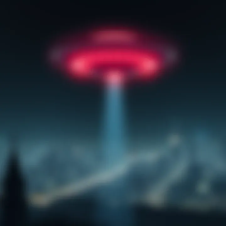 A bright UFO hovering above a city at night, casting a strange light on the buildings below, symbolizing fears of societal collapse and hidden truths.