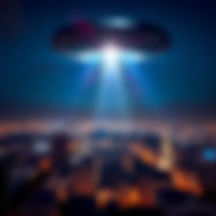 A bright UFO hovering above a city skyline at night, showcasing lights and curiosity from below.