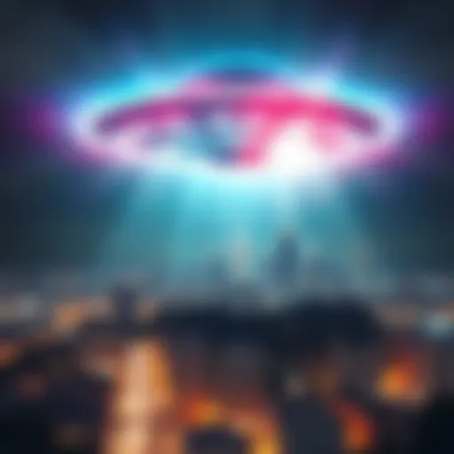 A bright UFO hovering above a city skyline at night, with lights glowing in the sky.