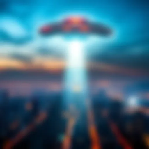 A bright UFO hovering above a bustling city at night, casting a glow on the buildings below