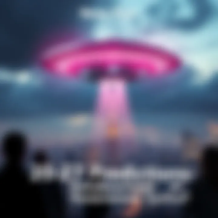 A UFO hovering over a cityscape, with people looking up in curiosity and concern, representing the debate on extraterrestrial encounters versus government tactics.