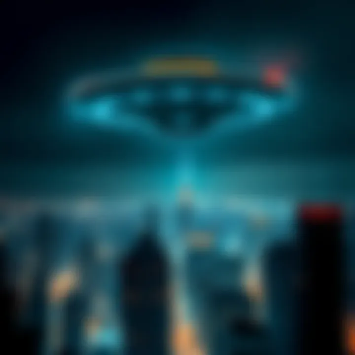 A hovering UFO above a city at night with lights illuminating the building tops.