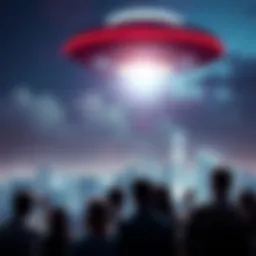 A bright UFO hovering above a city skyline at night, with curious people looking up in amazement.