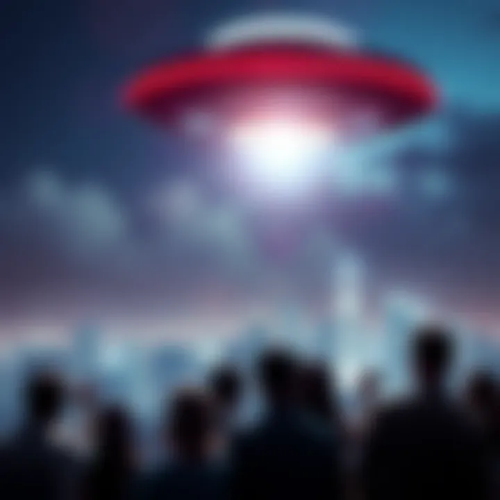 A bright UFO hovering above a city skyline at night, with curious people looking up in amazement.