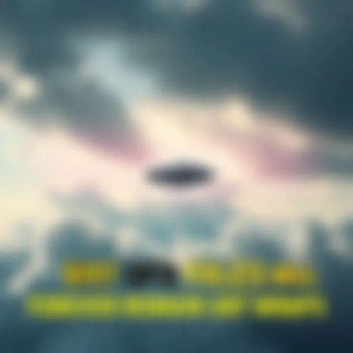 A mysterious UFO hovering in a cloudy sky, symbolizing government secrecy about UFO files.