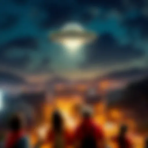A bright unidentified flying object hovering in the night sky above a city in Colombia, with curious residents looking up in awe.