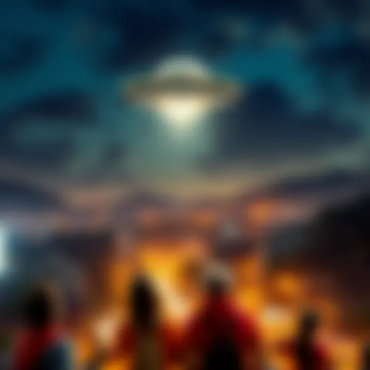 A bright unidentified flying object hovering in the night sky above a city in Colombia, with curious residents looking up in awe.