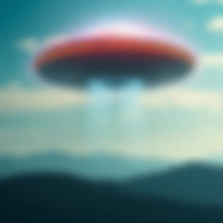 A UFO hovering above a serene landscape, with a glowing aura symbolizing consciousness and connection to the soul.