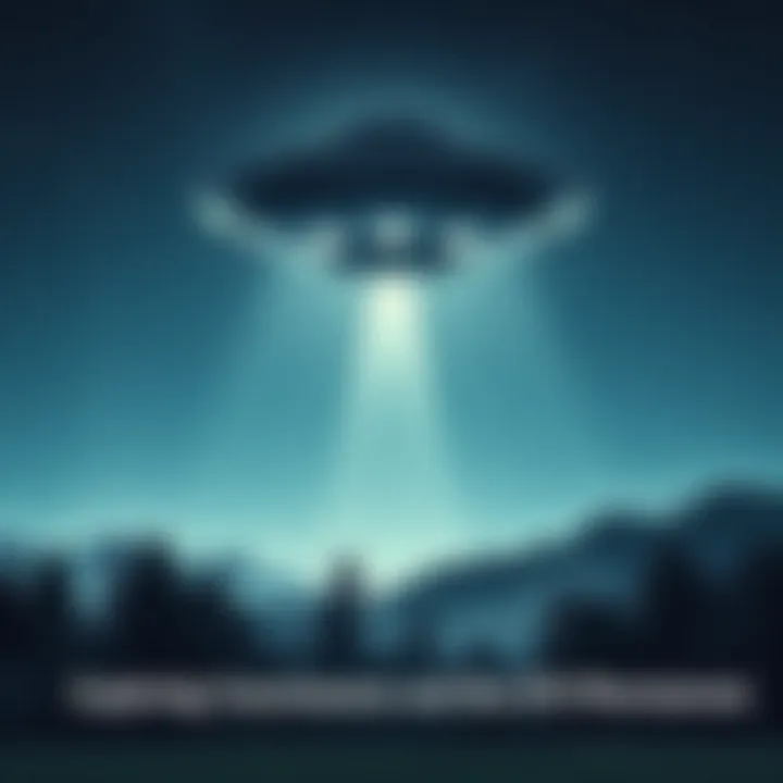 A UFO in the night sky over a serene landscape with trees and stars, symbolizing the connection between consciousness and extraterrestrial phenomena.