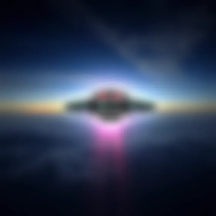 A UFO hovering in the sky over Costa Rica, resembling descriptions given by Bob Lazar, with bright lights and a distinct shape.