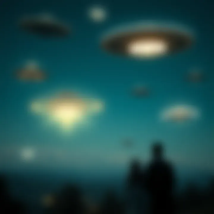 A variety of UFO crafts observed in the night sky over a landscape, showing glowing lights and distinct shapes, with people watching in awe from below.