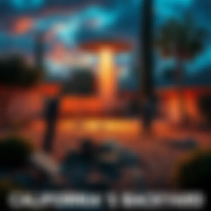 A California backyard with debris from a UFO crash and government agents securing the area