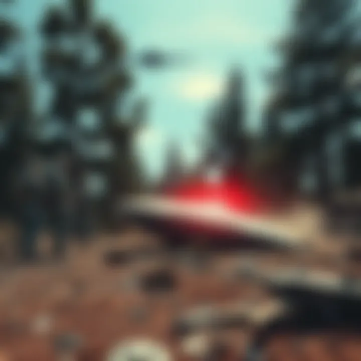A military team examines a crashed UFO in a secluded area, surrounded by trees and debris, under a clear sky.