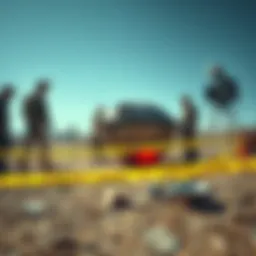 A military team examines a recovered UFO at a remote site, surrounded by caution tape and equipment, highlighting government secrecy.