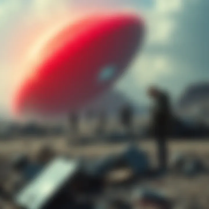 A staged UFO crash site with wreckage and people examining debris.