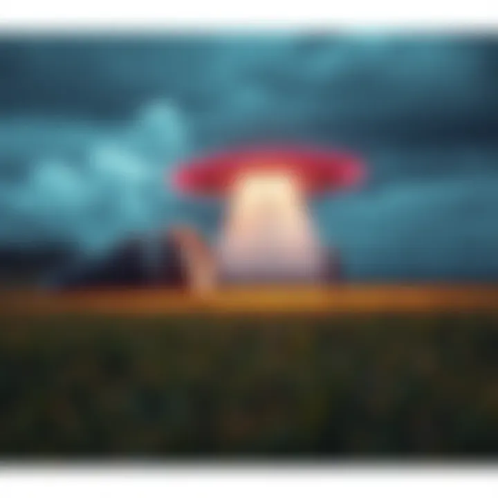UFO Crash Scene A crashed UFO on a grassy field with a small humanoid figure standing nearby, looking confused.