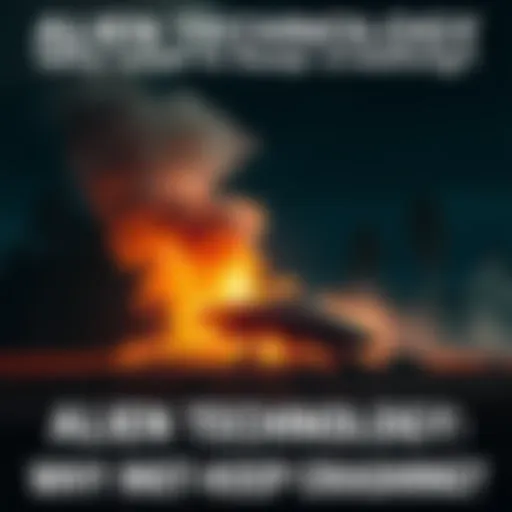 A crashed UFO smoldering on the ground with smoke rising, surrounded by trees and nighttime sky