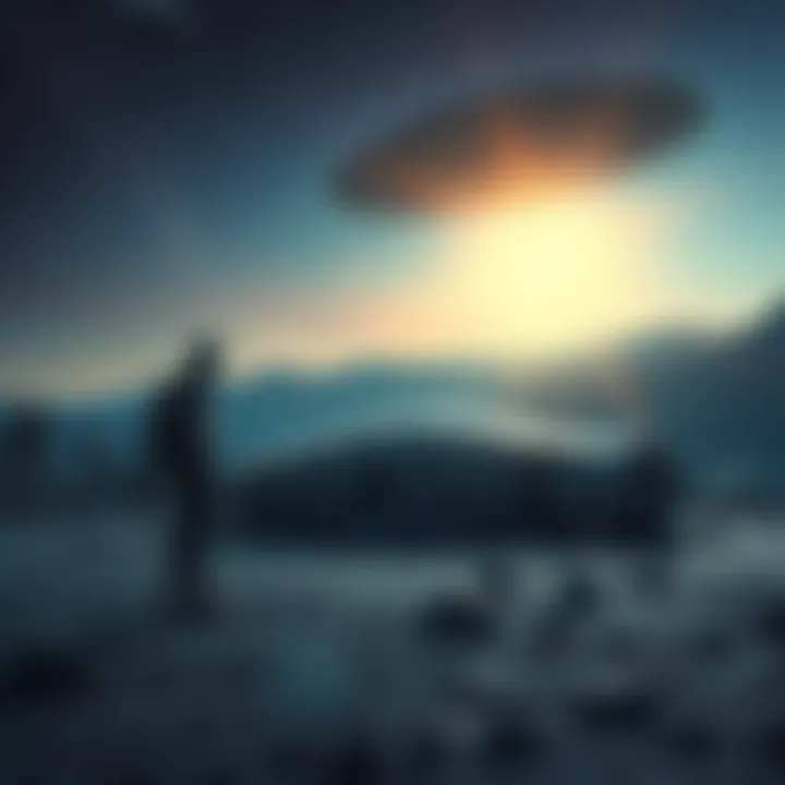 UFO Crash Site A crashed UFO with Greys standing nearby, examining the wreckage under a starry sky