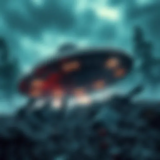 A crash site with a damaged UFO surrounded by trees and debris.
