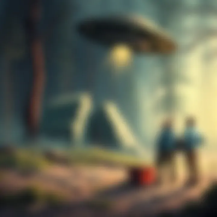 An illustration of a UFO crash site with a damaged object in a wooded area, surrounded by curious onlookers, hinting at mystery beyond Roswell.