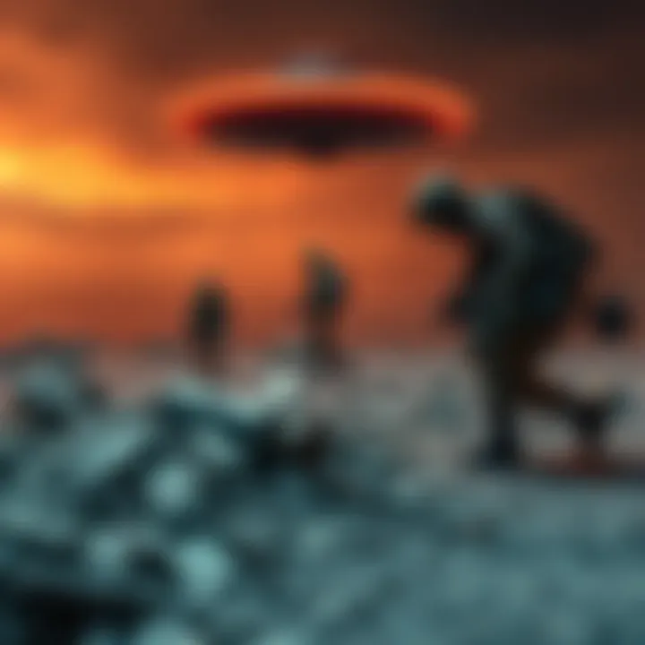 UFO crash site with military personnel Military personnel examining a UFO crash site with debris scattered around