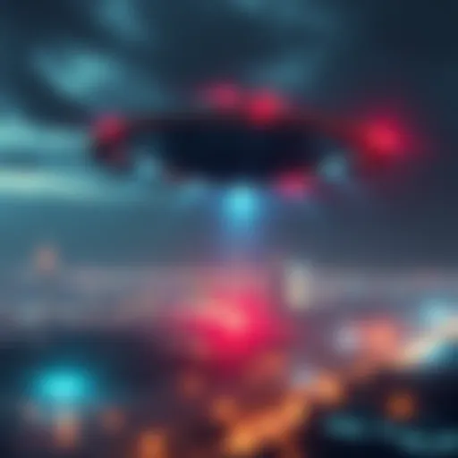 UFO hovering above a cityscape during a crisis A UFO hovers over a city in distress, with emergency lights flashing below.