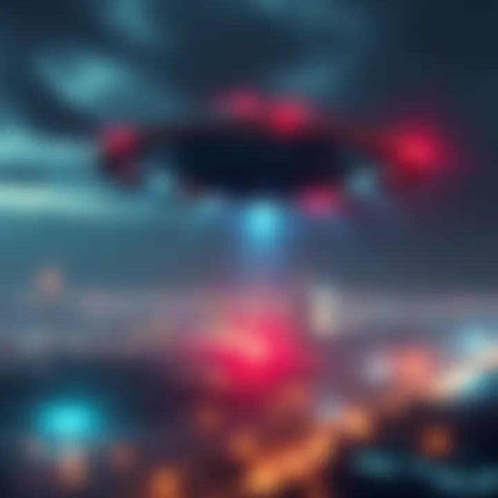UFO hovering above a cityscape during a crisis A UFO hovers over a city in distress, with emergency lights flashing below.