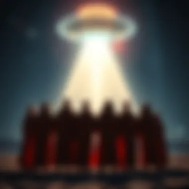 A group of people in robes standing under a night sky with a bright UFO above them, looking up in awe.