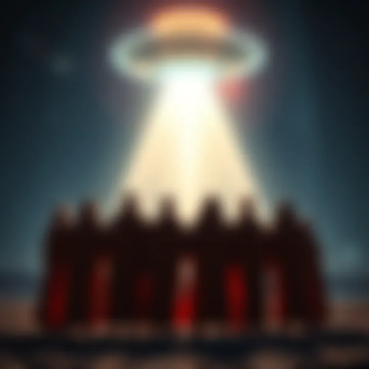 A group of people in robes standing under a night sky with a bright UFO above them, looking up in awe.