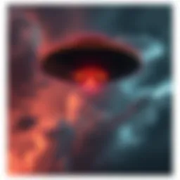 A UFO hovering in dark clouds with an eerie glow, suggesting a sinister presence.