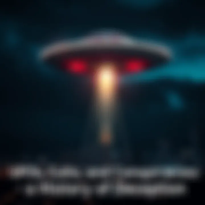 A glowing UFO hovering above a silhouette of a city skyline at night, with beams of light shining down