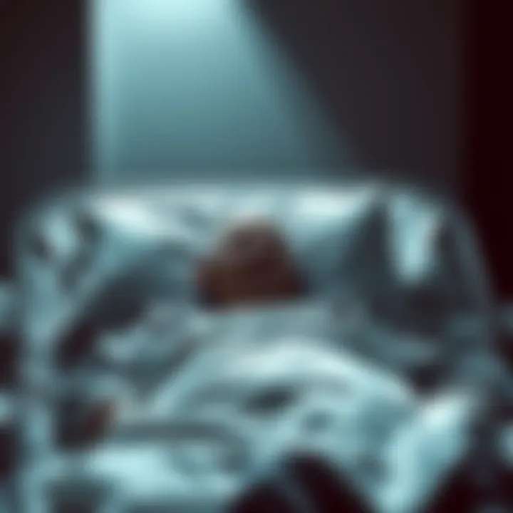 An elderly person lying in a hospital bed, sharing secretive words about UFOs with a close listener, with shadows suggesting tension and secrecy in the room.
