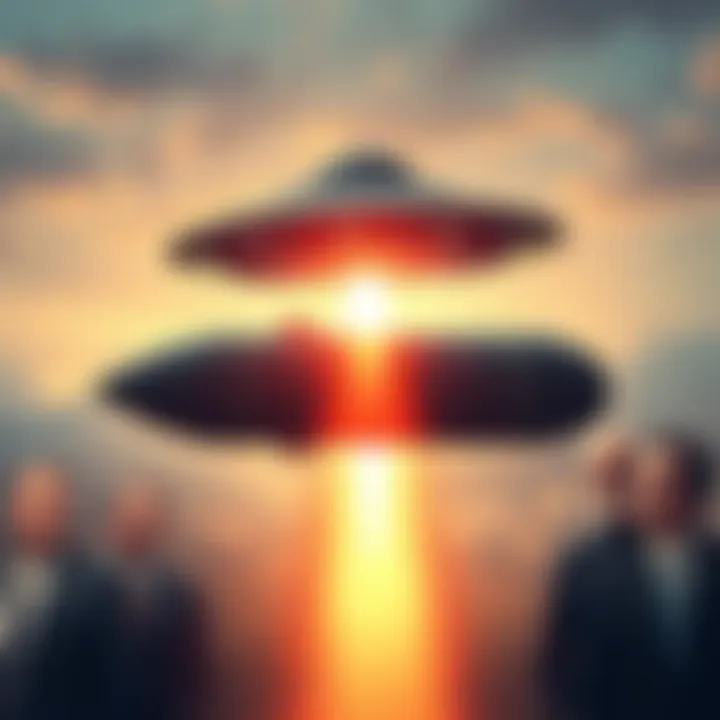 An illustration of a UFO hovering near a missile, showing a bright beam of light. Congress members are depicted in the background, looking surprised.