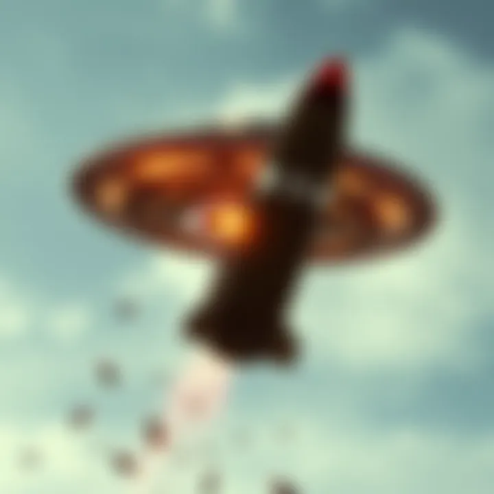 A UFO seen in the sky deflecting a Hellfire missile with debris flying nearby.