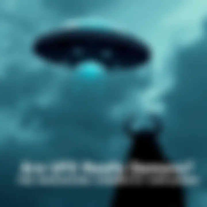 A UFO hovering in the night sky with a shadowy figure resembling a demon below