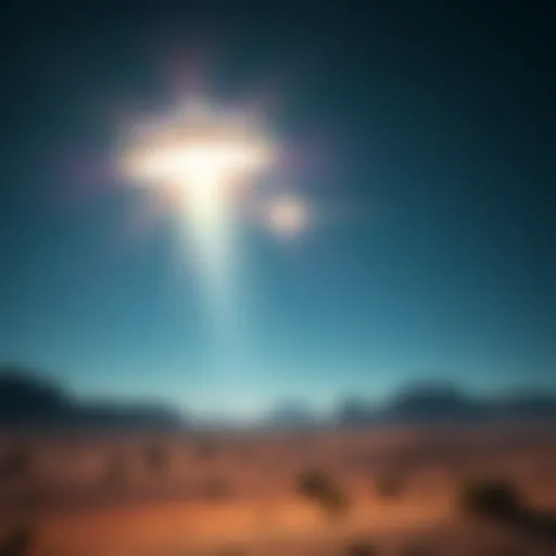 A bright UFO hovering in the night sky above a desert, with stars shining in the background.