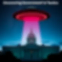 A silhouette of a UFO hovering above a government building under a night sky, representing the tactics in UFO disclosures.