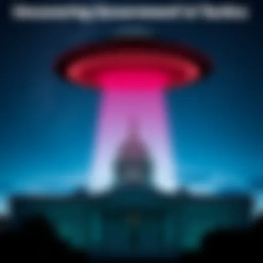 A silhouette of a UFO hovering above a government building under a night sky, representing the tactics in UFO disclosures.