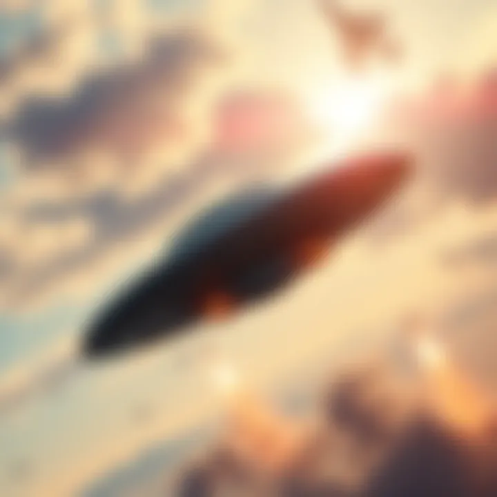 A UFO maneuvering swiftly to avoid missile strikes in a dramatic sky scene.