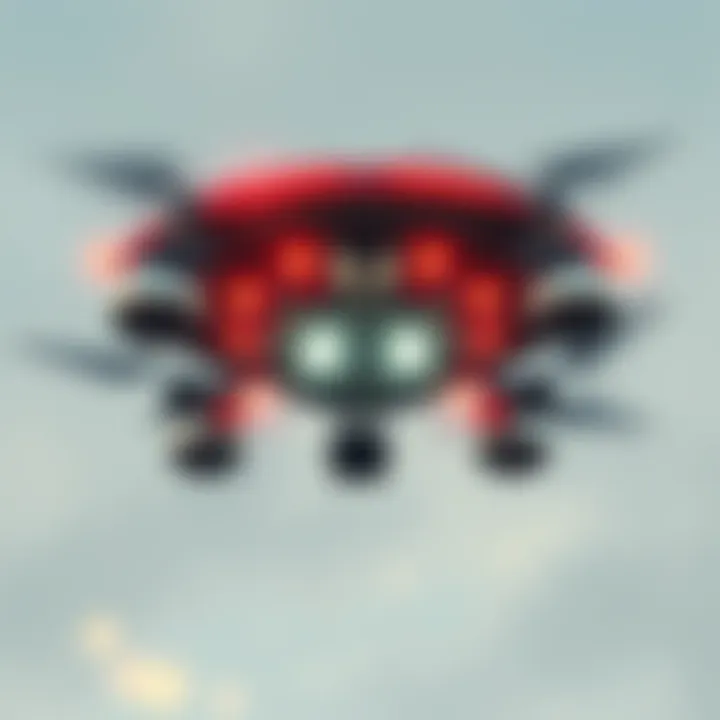 A large drone resembling an alien spacecraft surrounded by four shiny metallic orbs hovering in the sky.