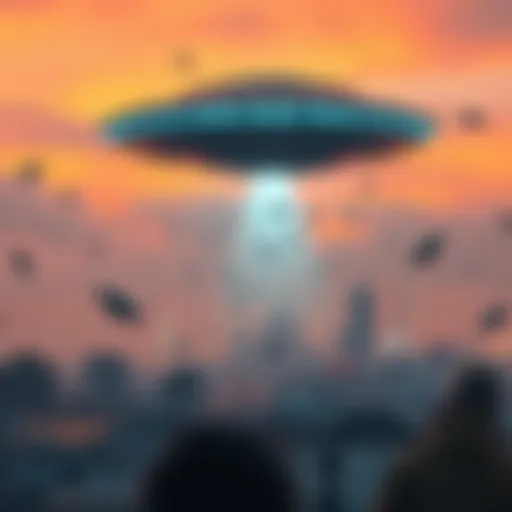 A UFO hovering above a city, releasing strange objects into the air as residents watch in awe.