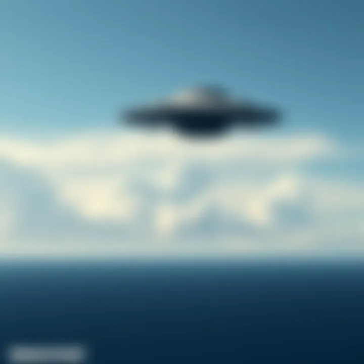 A large, 300-foot UFO ascending rapidly into the sky above the Atlantic Ocean, with a backdrop of a clear blue sky and fluffy clouds.