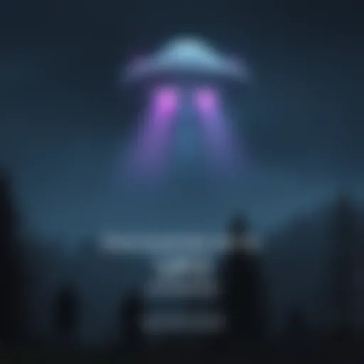 A scene depicting a UFO above a dark forest, with grey creatures standing nearby, observing the night sky.